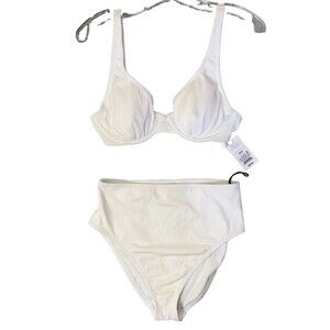 Shade & Shore 2-piece Bikini Size 34D White Pucker Textured High Leg